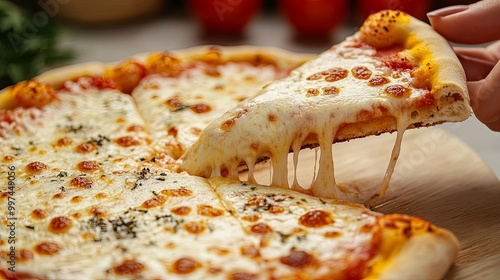 Close-up of a cheesy pizza slice being lifted from a whole pizza