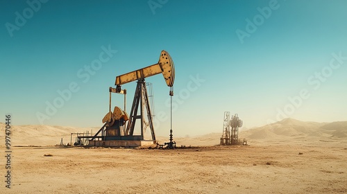 Oil pumpjacks in a barren landscape.