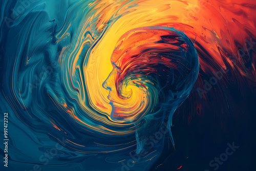 A colorful swirl of abstract shapes represents the fusion of thoughts and emotions in a human head silhouette.