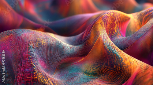 A computer created a lifelike image of shimmering, colorful fabric being woven. It's a 3D design.