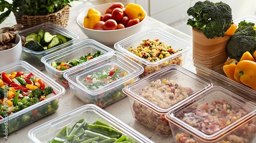 Healthy meal prep with fresh vegetables and grains in containers, ideal for diet planning and portion control.