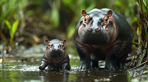 A mother dwarf hippo guiding her baby along a riverbank, with the baby trying to keep up