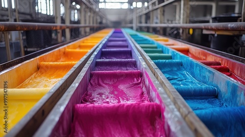 Vibrant Textile Dyeing Process in Industrial Factory with Colorful Fabric Rolls in Various Shades