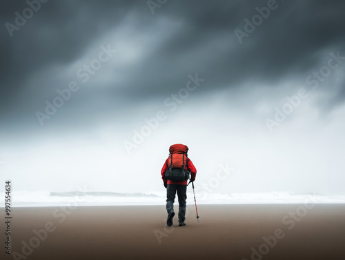 solo adventurer hiking across windy, desolate beach, showcasing determination against dramatic sky. scene captures essence of exploration and solitude