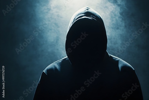 Visually striking image representing the anonymous concept depicting a faceless figure cloaked in shadows and mystery Cybersecurity concept for commercial photography