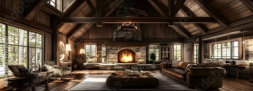 34. A rustic cabin living room featuring a stone fireplace, wooden beams, and cozy furnishings