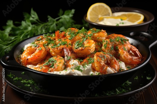 Fried shrimp in garlic sauce and herbs, garnished with dill, generative IA