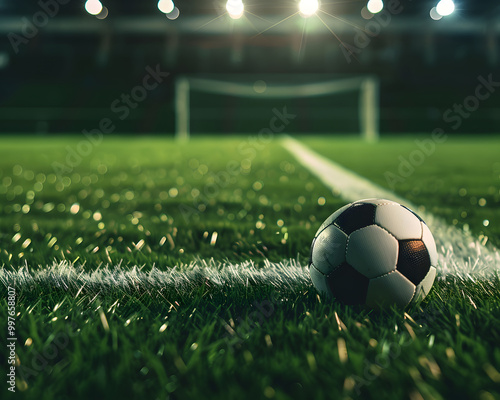 close up of soccer ball resting on grass near penalty spot, illuminated by stadium lights, creating exciting atmosphere for game