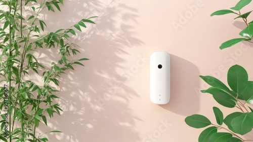 Sleek air freshener device mounted on pastel wall with green leaves