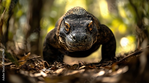 Fierce Komodo dragon stalking through underbrush