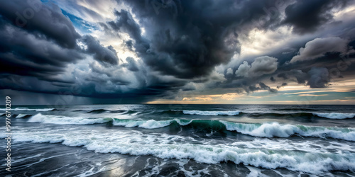 Dark, stormy seascape with turbulent waves and ominous clouds , stormy, rough, wild, ocean, sea, dark, clouds, dramatic