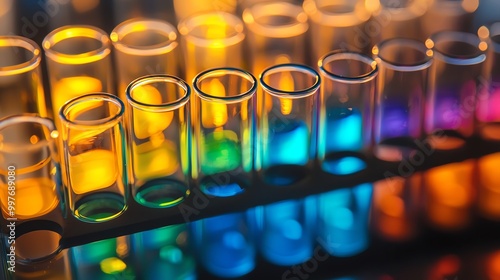 Vibrant test tubes with colorful liquid samples in a laboratory setting, showcasing chemistry experiments and scientific research.