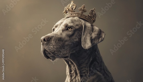 Artistic portrait of a grey dog with a crown, exuding a sense of grace and nobility in an elegant setting.