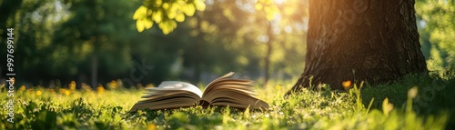 A peaceful Sunday spent reading a book under a tree, with a gentle breeze and warm sunlight, Sunday relaxation, quiet enjoyment