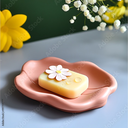 A handmade clay soap dish with a bar of natural soap, styled with flowing lines and delicate flowers, cute cartoonish design, water drops