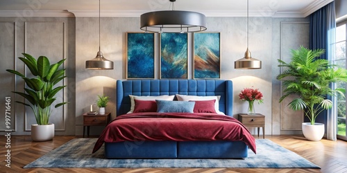 Symmetrical Elegance Luxurious Bed with Red Velvet Duvet in Modern Bedroom Interior, Tranquil Atmosphere with Blue Accents and Greenery, Contemporary Design Inspiration