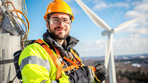 A smiling worker in safety gear poses proudly next to a wind turbine against a clear blue sky, showcasing renewable energy innovation.