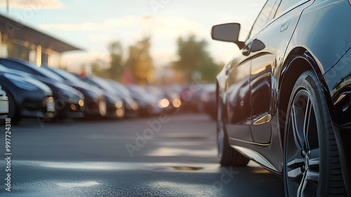 Car parked at outdoor parking lot. Used car for sale and rental service. Car insurance background. Automobile parking area. Car dealership and dealer agent concept. Automotive industry