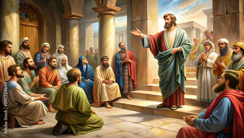 of Apostle Paul preaching in a synagogue to a group of Christians , Apostle Paul, preaching, synagogue, Christian, religion