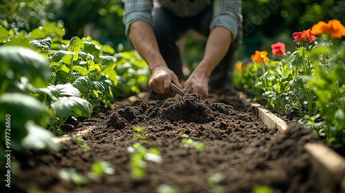 A gardener working in a raised garden bed, loosening the soil with a hand tool, the rich earth ready for planting, with sunlight illuminating the surrounding green plants and colorful flowers.