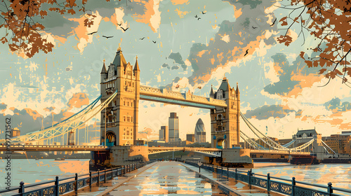 Contemporary style minimalist artwork collage illustration of London Bridge Uk