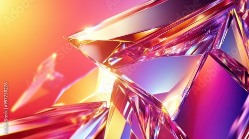 Vivid abstract banner with refractive crystal shapes shining brightly against a gradient background and ample space for text