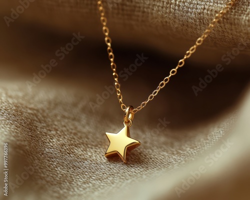 Close-up of a minimalist gold star pendant necklace hanging from a delicate chain, symbolizing simple and elegant jewelry design. 