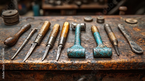 A close-up of a farrier s tools, including tongs, rasp, and hammer, laid out on a workbench