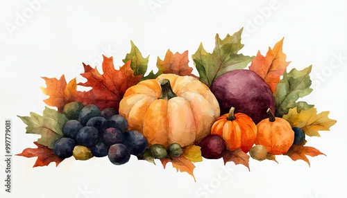 Colorful autumn harvest with pumpkins and leaves, white background.