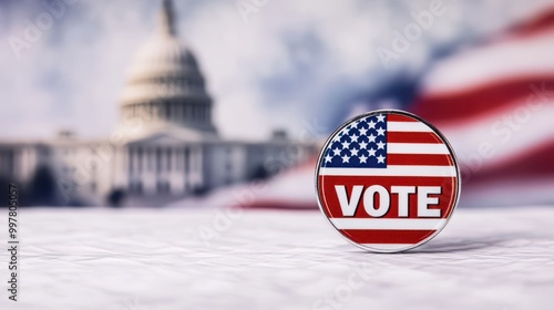 Voting pin with American flag and fuzzy background of the U.S. Capitol