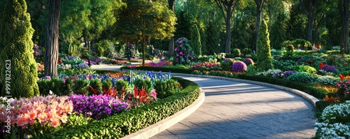 A botanical garden walkway with exotic flower beds, ornamental trees, and a series of small, themed gardens, perfect for a leisurely stroll