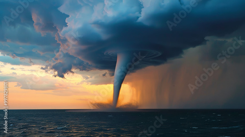 A stunning waterspout tornado connects clouds to sea, creating dramatic scene at sunset. swirling vortex showcases natures power and beauty.