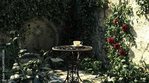 A cozy garden nook with a small wrought iron table, surrounded by climbing roses and ivy, perfect for afternoon tea