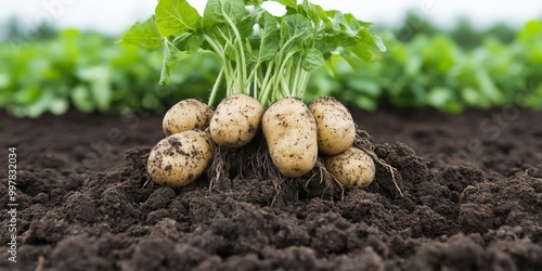 a closeup of a potato plant being pulled from the soil roots and all organic farming harvest season rural agriculture with rich Belarusian earth clinging to it showing the process of harvesting