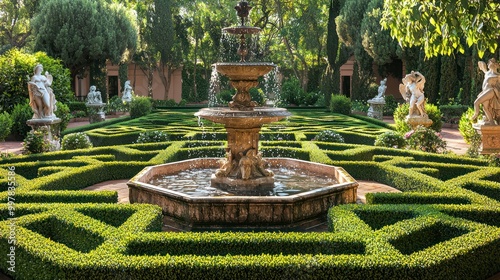 A formal parterre garden with geometric hedge mazes, centered around a fountain with sculpted dolphins and cherubs