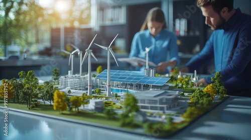 Engineers designing models of turbines, solar panels, clean energy network in the office room