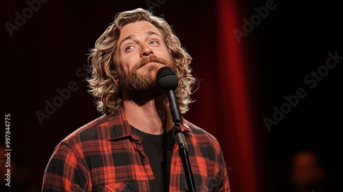 A man with long curly hair performs stand-up comedy on stage, exuding charisma and engaging the audience with humor.