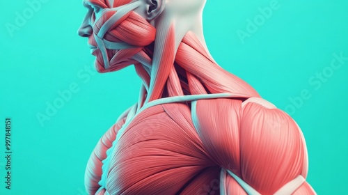 3D rendering human torso upper body showing muscles A close-up of