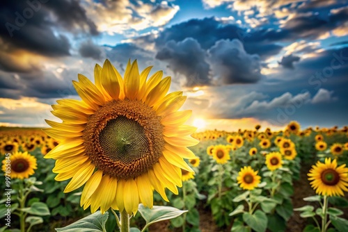 Extreme close-up landscape of sunflowers under cloudy afternoon sky