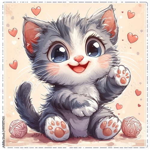 Cute kitten with big eyes playing with yarn and surrounded by hearts, adorable cartoon art