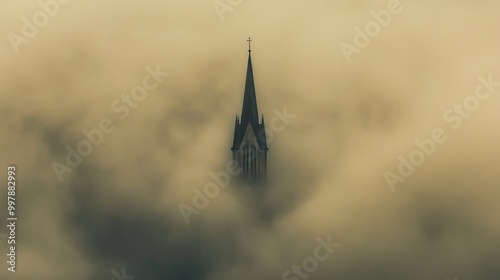 Church Steeple Emerging From Foggy Sky