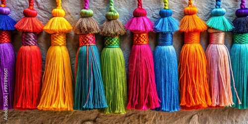 Colorful trim tassels in various shades hanging against a textured background for decorative use