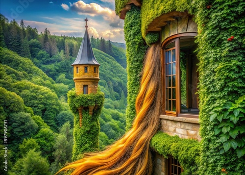 Enchanted tower with long golden hair cascading from the window surrounded by lush greenery landscape