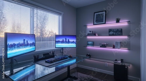 Ultra-modern home office with a glass desk, dual monitors, and RGB lighting under floating shelves Cool toned