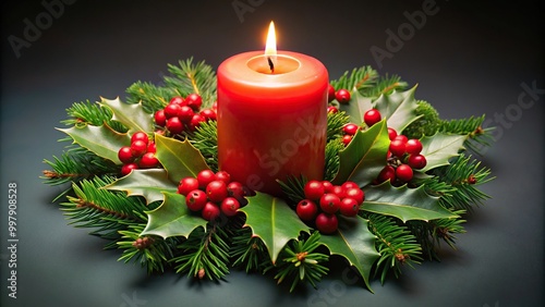 Festive fisheye Christmas candle with holly and berries