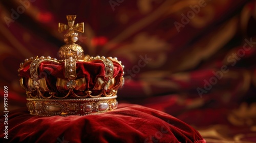 Majestic Golden Crown Adorned with Jewels on Red Velvet