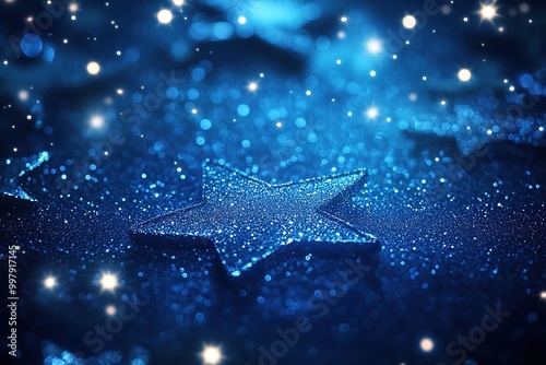 Sparkling blue stars on dark, festive mood backdrop.