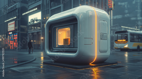 A small, square, white, futuristic pod for post parcels on the street, realistic photography. Innovtive logistics technology, urbanistic