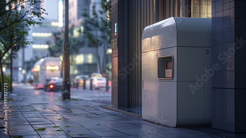 A small, square, white, futuristic pod for post parcels on the street, realistic photography. Innovtive logistics technology, urbanistic