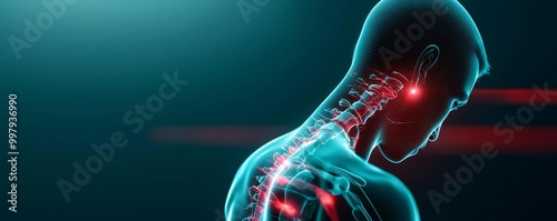 Illustration of human neck structure with highlighted spinal features.